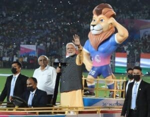 Narendra Modi, National Games 2022, National Games Gujarat, Opening Ceremony, Narendra Modi Stadium, નરેન્દ્ર મોદી, ગુજરાત, નેશનલ ગેમ્સ, ઓપનિંગ સેરેમની, 