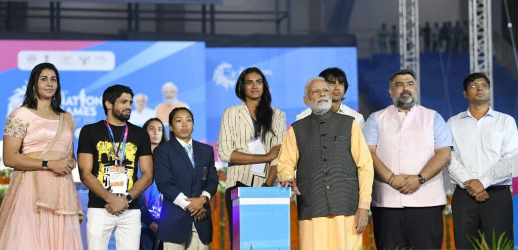 Narendra Modi, National Games 2022, National Games Gujarat, Opening Ceremony, Narendra Modi Stadium, નરેન્દ્ર મોદી, ગુજરાત, નેશનલ ગેમ્સ, ઓપનિંગ સેરેમની, 