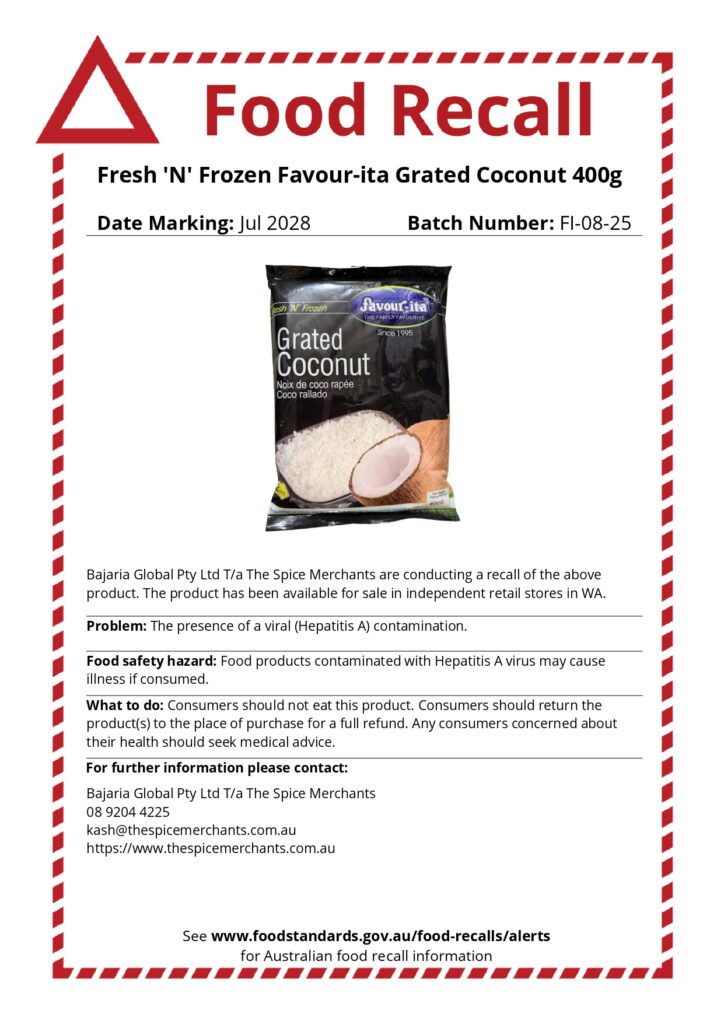 Australia Food Alert, Bajaria Global Pty Ltd, The Spice Merchants, Fresh 'N' Frozen Favour-ita Grated Coconut, 