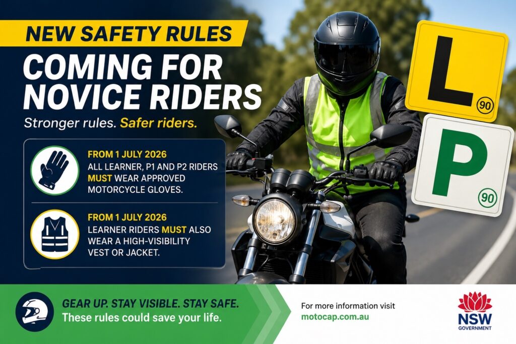 NSW learner and provisional motorcycle riders, New Road Rules, Hi vis and Gloves Mandatory,